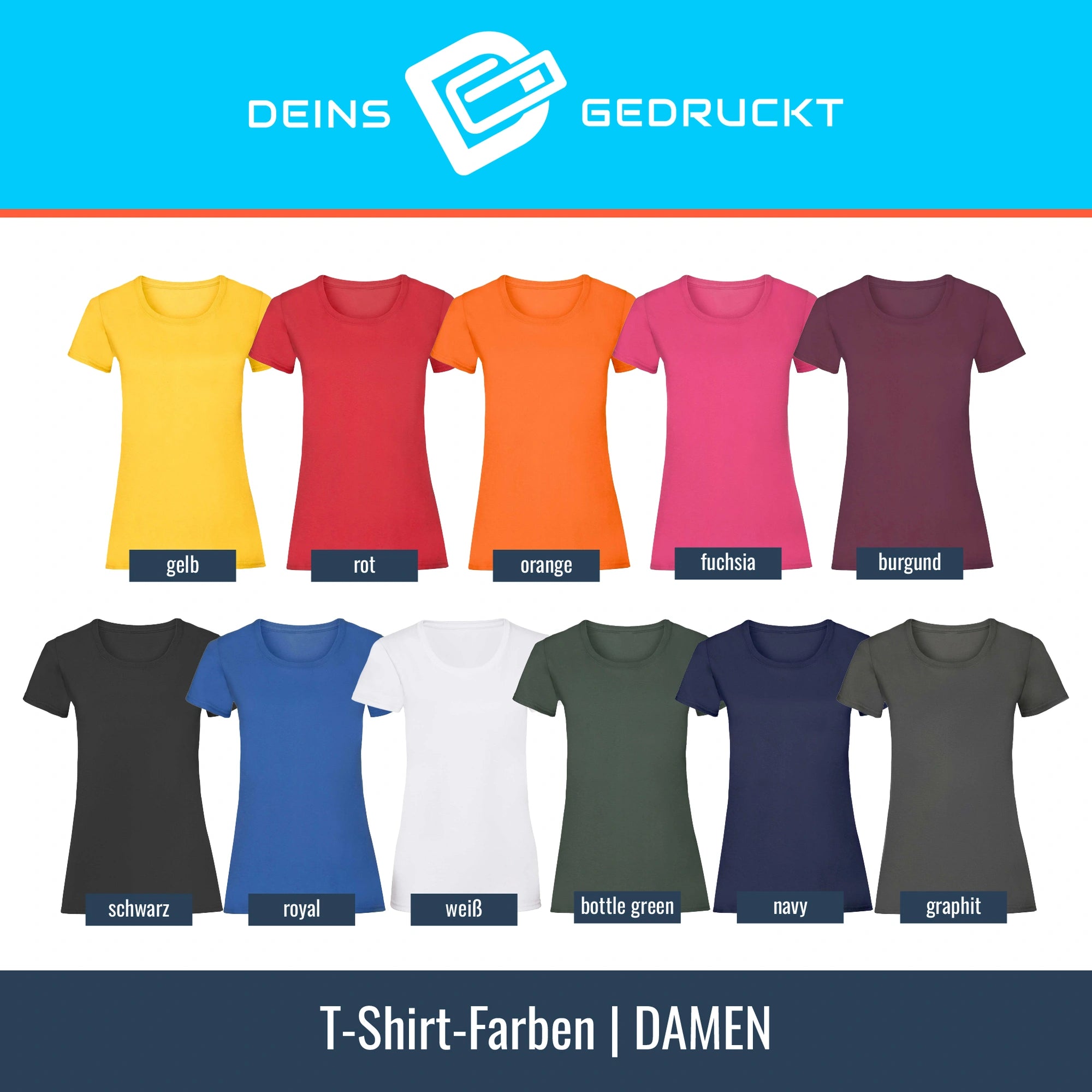 Farbauswahl für Damen T-Shirt – 11 Farben von Gelb bis Graphit