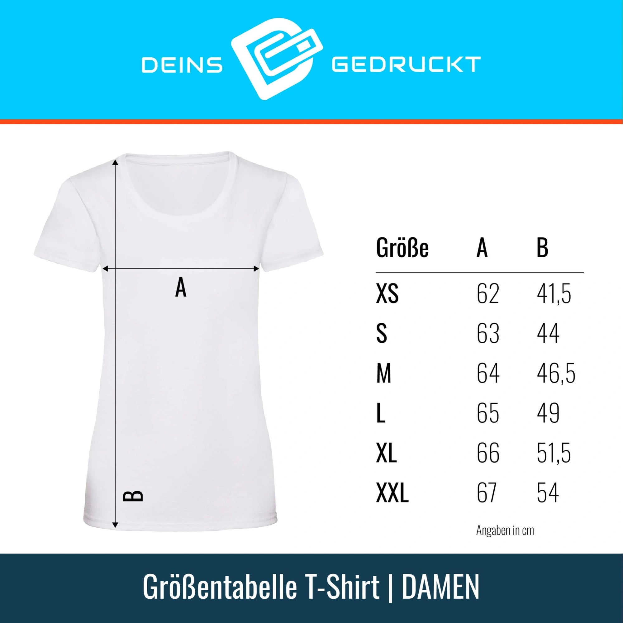 Größentabelle für Damen T-Shirt in XS bis XXL mit Maßangaben in cm