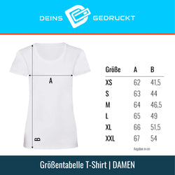 Größentabelle für Damen T-Shirt in XS bis XXL mit Maßangaben in cm