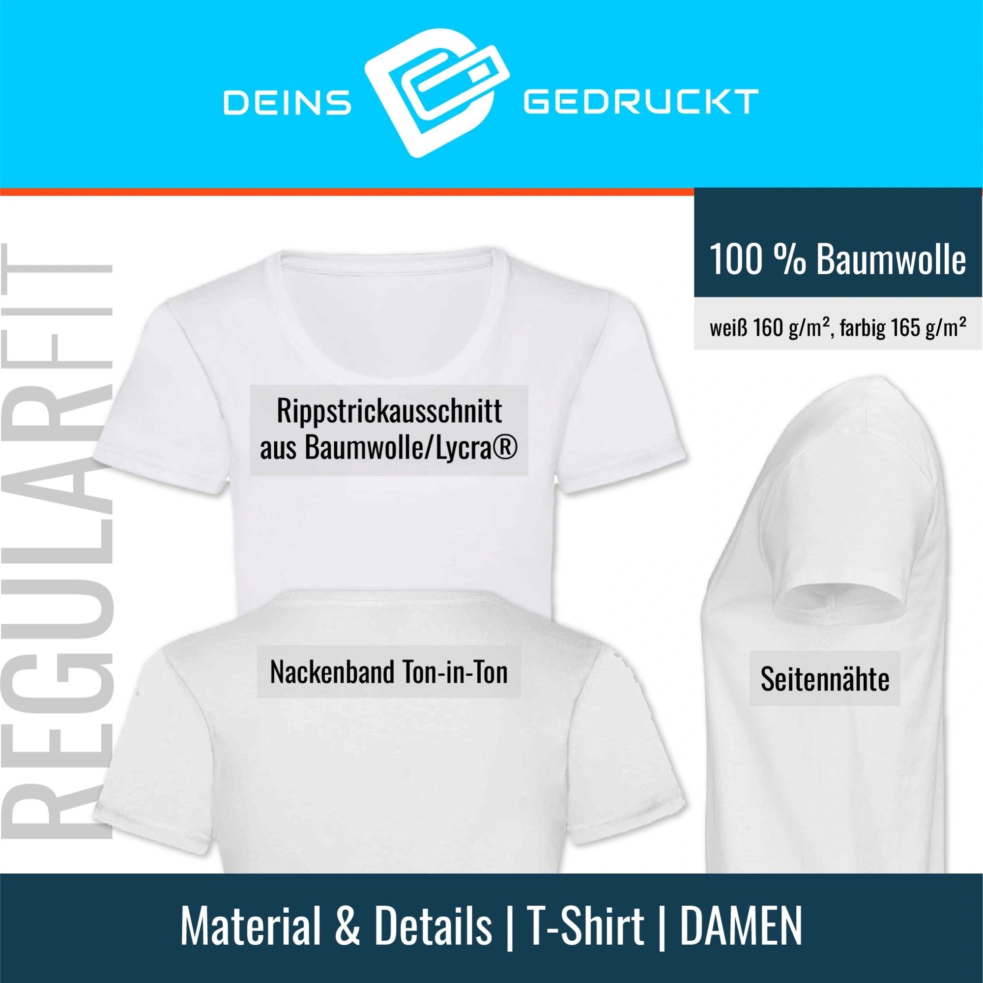 Material und Details des Damen T-Shirts – 100 Prozent Baumwolle, Regular Fit