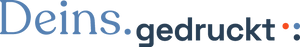 Logo Deins. gedruckt. in Blau mit orange-blau-blauem Punkt-Element am Wortende