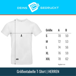 Größentabelle T-Shirt Herren – Maße in cm für S bis XXL mit Darstellung von Länge und Breite
