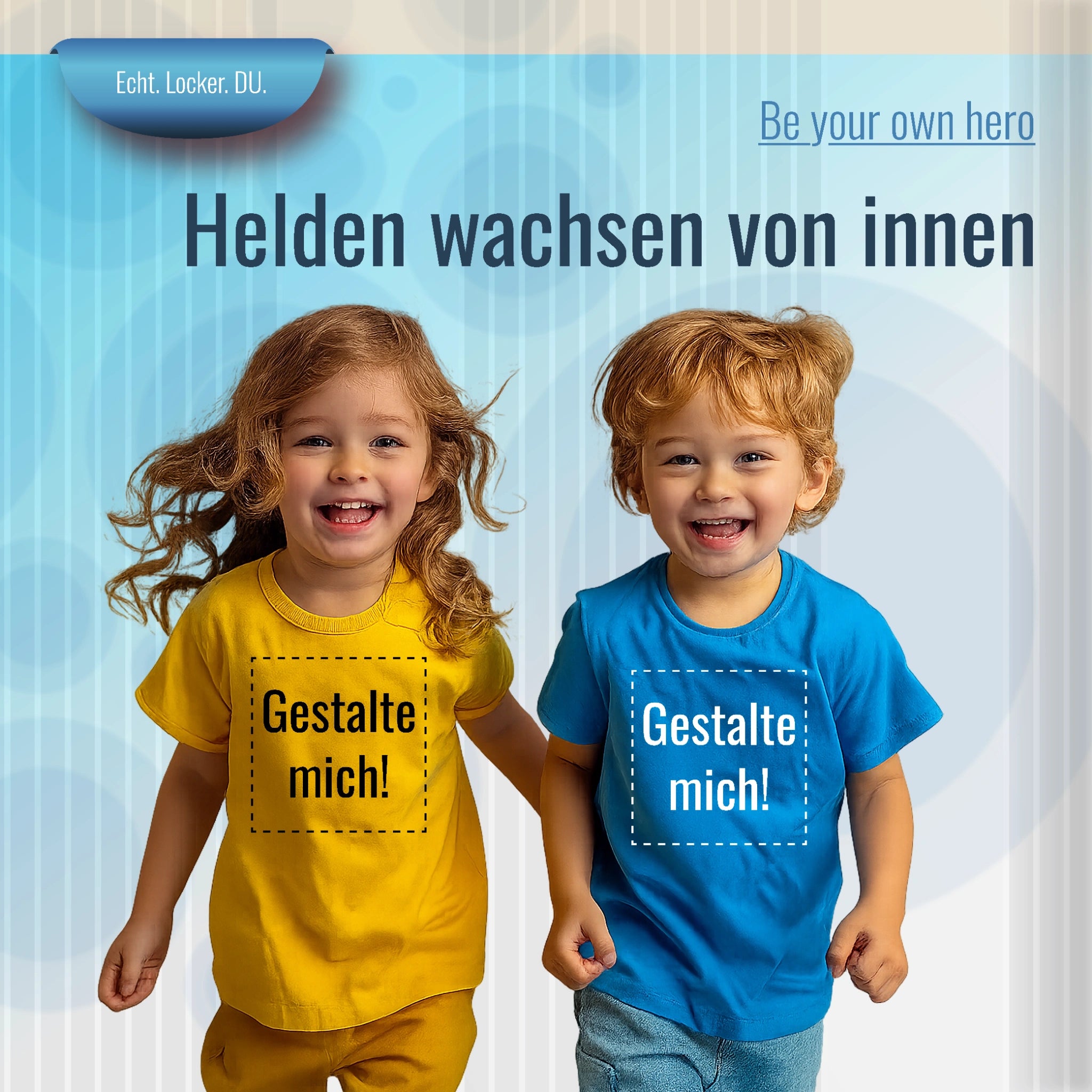 Zwei Kinder im gelben und blauen T-Shirt mit gestaltbarem Aufdruck, lächelnd nebeneinander, Produktaufnahme für Kindershirts.
