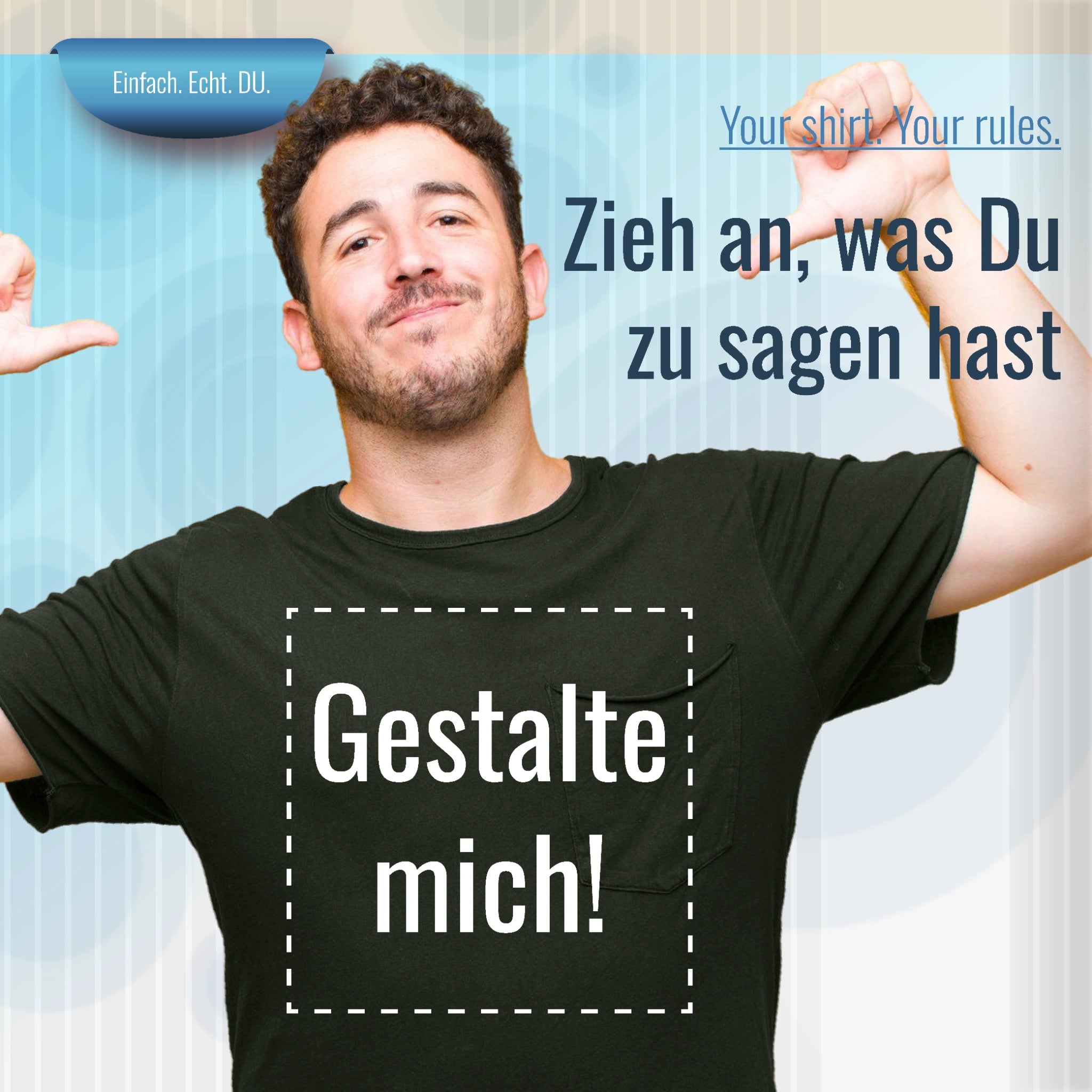 Schwarzes Herren-T-Shirt mit weißem Aufdruck ‚Gestalte mich!‘ – frontal fotografiert, ideal als personalisierbares Geschenk.